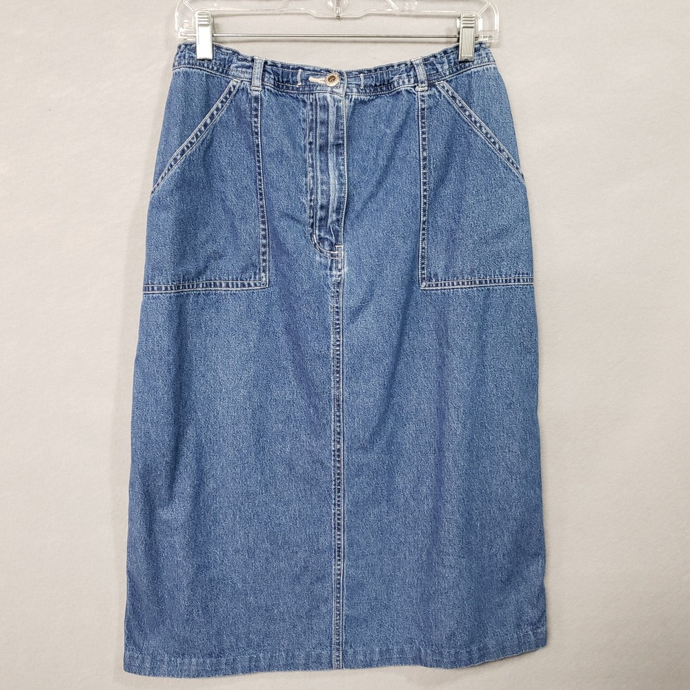 Y2K Women's Size L Blue Denim Midi Skirt Pockets Cottagecore VTG Carolina Blues